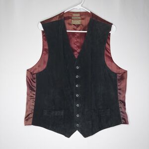 Haggar Vtg Suede Vest Mens 42 Black Leather Button V-Neck Adjustable Fabric Back